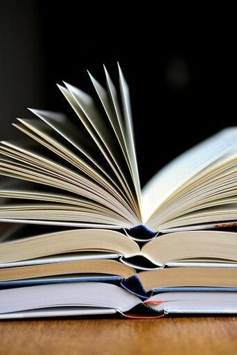 Fotografia che mostra, su sfondo nero, quattro libri aperti posati su un tavolo, posati uno sull'altro