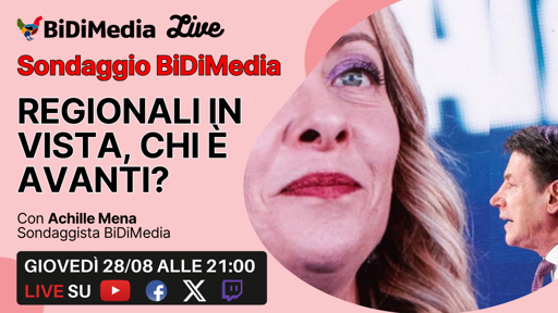🔴 QUESTA SERA ORE 21.00 TORNANO DIRETTE E SONDAGGI BIDIMEDIA!

❓Non perdete il nostro sondaggio nazionale di agosto: chi sale e chi scende in vista delle numerose regionali imminenti?
📈Intenzioni di voto, gradimento Meloni e governo per temi e le tematiche di attualità politica!
