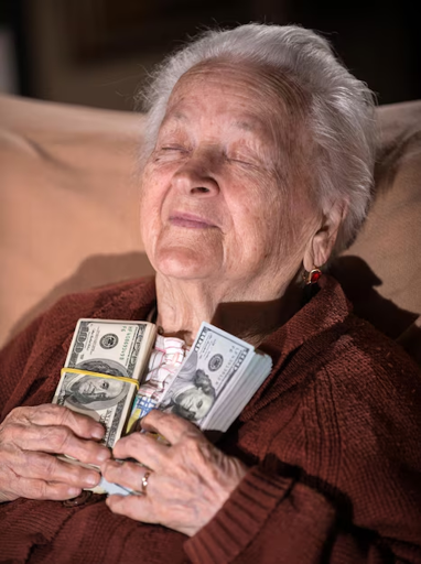 Elderly woman with short white hair sits on a couch with her eyes closed and a peaceful expression, holding several thick bundles of U.S. dollar bills against her chest.